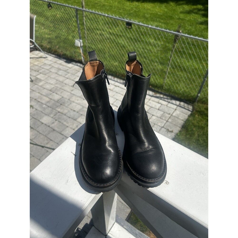 ZARA Kids EU 32 US 1 Black Leather Ankle Boots Side Zip Lug Sole